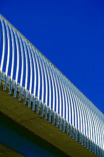 pattern, bridge, balustrade, metal, support, frame, geometric, architecture, blue, sky, clear sky, built structure, no people, modern, nature, striped, day, copy space, in a row, outdoors, building exterior, curve, travel destinations, white color, stadium, futuristic, 5K, CC0, public domain, royalty free