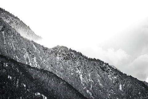 gray, scale, mountain, range, photo, shot, daytime, gray scale, nature, black And White, snow, no People, winter, landscape, scenics, outdoors, mountain Range, day, sky, close-up, beauty in nature, tranquility, scenics - nature, tranquil scene, low angle view, non-urban scene, cold temperature, environment, tree, plant, flowing water, mountain peak, 2K, CC0, public domain, royalty free