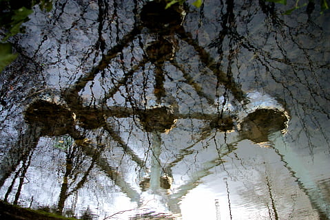 Atomium, die Architektur, Reflexion, keine Leute, Baum, Flachwinkelansicht, Natur, Tag, Himmel, Wasser, Pflanze, Ruhe, draußen, Schönheit in der Natur, Wachstum, Pfütze, solide, See, Ufergegend, Rock, Baumstamm, 1080P, CC0, gemeinfrei, lizenzfrei