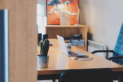 white, laptop computer, wooden, desk, study, workroom, office, glimpse, through, door, open, computer, laptop, table, chair, work, business, art, furniture, seat, indoors, no people, technology, wood - material, communication, still life, absence, wireless technology, office chair, empty, arrangement, 4K, CC0, public domain, royalty free