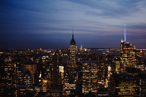 rejse til Amerika, cityscape foto, ny, york, bygning udvendig, bygget struktur, arkitektur, bygning, bybilledet, by, himmel, belyst, rejsemål, nat, skyskraber, tårn, rejse, kontorbygning udvendig, høj - høj, sky - himmel, skumring, turisme, ingen mennesker, moderne, Spir, finansdistrikt, 5K, CC0, offentligt domæne, royaltyfrie