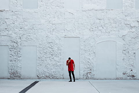 man, red, dress shirt, architecture, building, infrastructure, outside, white, wall, people, guy, standing, thinking, one person, full length, built structure, real people, building exterior, wall - building feature, day, lifestyles, leisure activity, clothing, casual clothing, men, adult, white color, rear view, outdoors, architectural column, warm clothing, 2K, CC0, public domain, royalty free