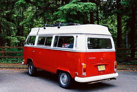 Červené, vinobraní, obytný automobil, bílý, volkswagen samba, zaparkováno, les, kola, dodávka, doprava, vozidlo, silnice, plot, stromy, kempování, oregon, životní styl, cestovat, strom, přeprava, způsob dopravy, pozemního vozidla, rostlina, den, motorové vozidlo, Příroda, auto, ulice, město, venku, nikdo, stacionární, dodávka - vozidlo, parkoviště, růst, 2K, CC0, veřejná doména, bez autorských práv