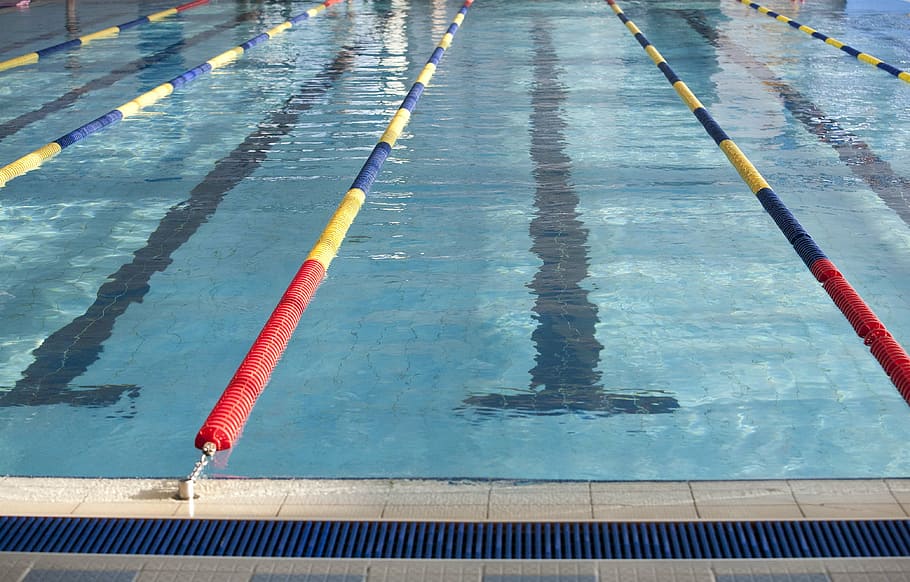 nuoto, esercizio, piscina, indicatore di corsia di nuoto, acqua, giorno, riflessione, vista dall'alto, nessuno, natura, all'aperto, blu, rosso, luce del sole, ombra, bagnato, sport, architettura, a strisce, sicurezza, 4K