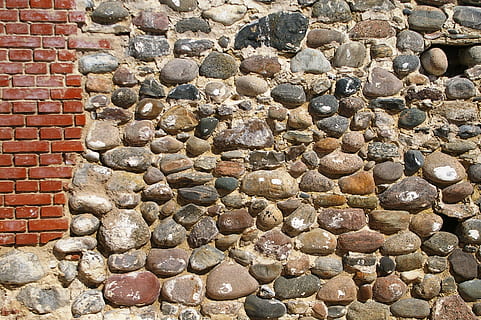 wall, cobbles, brick, bricks, full frame, no people, architecture, day, backgrounds, pattern, wall - building feature, built structure, brick wall, solid, large group of objects, outdoors, stone - object, close-up, textured, nature, abundance, history, stone wall, 2K, CC0, public domain, royalty free