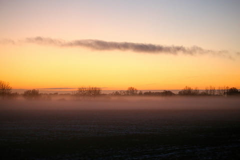 solnedgang, Sky, himmel, natur, aftenhimlen, ro, scenics, skønhed i naturen, rolig scene, tåge, scenics - natur, miljø, landskab, træ, ingen mennesker, plante, idyllisk, ikke-urbane scene, vinter, diset, kold temperatur, sol, udendørs, 5K, CC0, offentligt domæne, royaltyfrie