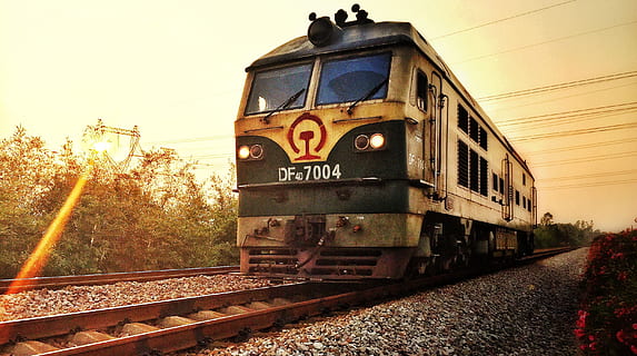 gray, train, railroad, sunset, rail, rail transportation, track, railroad track, transportation, train - vehicle, mode of transportation, public transportation, sky, nature, land vehicle, no people, clear sky, day, travel, locomotive, plant, number, text, tree, outdoors, railroad car, 2K, CC0, public domain, royalty free
