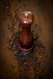 brown condiment shaker, pepper, pepper mill, sharp, benefit from, spices, grains, black pepper, season, spice mill, mill, pfefferkorn, grind, pepper ground, wooden table, dark wood, wood - material, brown, indoors, table, still life, high angle view, food and drink, roasted coffee bean, close-up, no people, coffee, coffee - drink, roasted, food, spice, freshness, large group of objects, seasoning, ingredient, caffeine, wood grain, 5K, CC0, public domain, royalty free