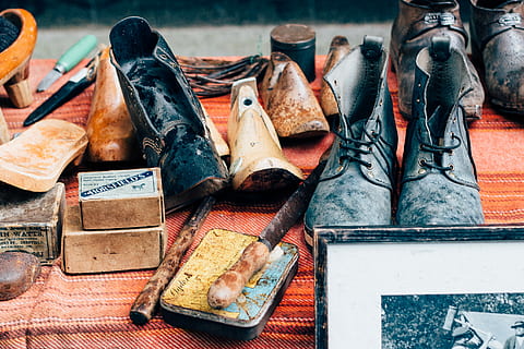 leather footwear lot, collection, vintage, items, shoe, table, boot, old, classic, fashion, style, bootmaker, tools, market, london, old shoe, flee market, still life, no people, close-up, day, choice, for sale, variation, retail, outdoors, representation, high angle view, large group of objects, metal, art and craft, work tool, business, 2K, CC0, public domain, royalty free