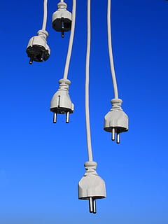 Plug, Cable, Line, Current, Energy, cable, line, power line, electricity, socket, power cable, power supply, connect, connection, blue, hanging, rope, clear sky, sky, architecture, lighting equipment, low angle view, street light, no people, day, nature, electric light, light, technology, street, sunlight, electric lamp, bell, outdoors, electrical equipment, 4K, CC0, public domain, royalty free