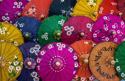 molt, paraigües de paper d'oli assortit de colors, decoració, flor, art, patró, paraigua, multicolor, cap gent, art i artesania, arranjament, motiu floral, planta, venda al detall, elecció, planta amb flors, color rosa, creativitat, artesania, variació, primer pla, gran grup d'objectes, mercat, 5K, CC0, domini públic, lliure de regalies