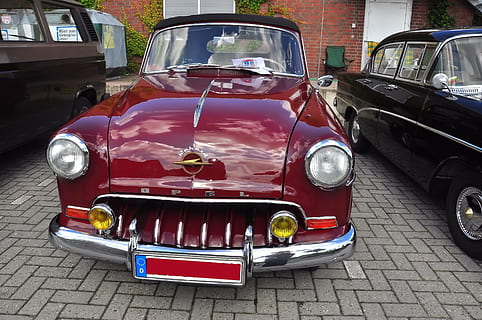 auto, oldtimer, opel record, chrome, steel, gloss, classic, mode of transportation, land vehicle, car, motor vehicle, transportation, vintage car, day, retro styled, stationary, metal, red, headlight, vintage, no people, street, outdoors, old, architecture, city, silver colored, junkyard, 4K, CC0, public domain, royalty free