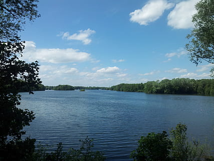 lake, clouds, trees, walk, lan, landscape, nature, away, mood, in the, relax, switch off, tree, spring, water, summer, forest, blue, outdoors, sky, river, plant, tranquil scene, cloud - sky, scenics - nature, beauty in nature, tranquility, day, non-urban scene, no people, growth, idyllic, waterfront, 2K, CC0, public domain, royalty free