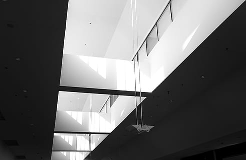 baix, fotografia d'angle, blanc, pintat, habitació, interior, gris, edifici, llum, endins, escala de grisos, foto, casa, decoració, arquitectura, modern, a l'interior, finestra, estructura construïda, escena urbana, cap gent, resum, vidre - material, funció de construcció de parets, reflexió, il·luminat, vista d’angle baix, llum solar, sostre, dia, naturalesa, oficina, transparent, 4K, CC0, domini públic, lliure de regalies