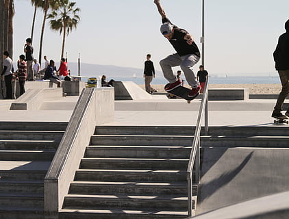 people, gray, park, tracks, ramps skateboarding, daytime, ramps, skateboarding, outdoors, color Image, day, sea, adults only, leisure activity, adult, vacations, full length, group of people, real people, men, staircase, lifestyles, sky, nature, railing, water, women, steps and staircases, architecture, sunlight, horizon over water, 4K, CC0, public domain, royalty free