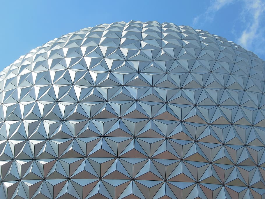 disney, epcot, textura, florida, parcs, orlando, arquitectura, viatjar, terra, extern, viatge, globus, triangle, geomètric, nau espacial, gris, patró, estructura construïda, cel, destinacions de viatge, vista d’angle baix, disseny, modern, forma, cap gent, núvol - cel, exterior de l'edifici, metall, dia, cultura i entreteniment artístic, característica arquitectònica, naturalesa, forma geomètrica, resum, acer, aliatge, 4K
