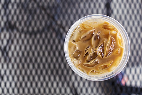 iced, coffee, plastic cup, iced coffee, objects, lazy, summer, ice, drink, beverage, food, hot, refreshing, cup, heat - Temperature, food and drink, directly above, refreshment, freshness, coffee - drink, indoors, still life, cold temperature, high angle view, close-up, drinking glass, glass, no people, frozen, ice cube, table, temptation, 5K, CC0, public domain, royalty free