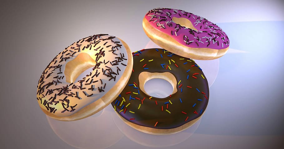 tre, donuts, glasur, drysser, forfriskning, lækker, dessert, baggrund, donut, chokolade, sukker, ornament, slik, kager, kage, fløde, 3d-model, 3d model, mad og drikke, ingen mennesker, mad, indendørs, hjerte form, stilleben, bagt, emotion, sødt mad, tekst, tæt på, studio skud, valentins dag - ferie, kærlighed, digital komposit, høj vinkel visning, multi farvet, sød, overbærenhed, blomstermønster, 2K