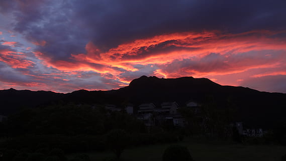 sunset, landscape, mountain, sky, cloud - sky, beauty in nature, architecture, scenics - nature, dramatic sky, environment, silhouette, no people, nature, built structure, mountain range, building exterior, travel destinations, history, land, outdoors, 4K, CC0, public domain, royalty free