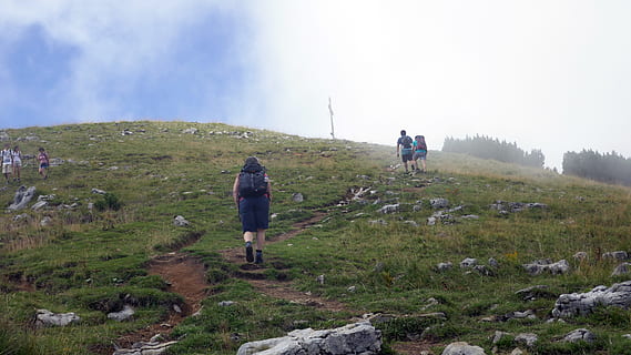 hiking, mountain, summit, view, tegernsee, jelenia góra, mountains, foothills of the alps, bavaria, kreuth, southern germany, landscapes, nature, the deer pasture, landscape, fog, summit cross, rear view, full length, leisure activity, activity, lifestyles, backpack, sky, men, people, real people, walking, environment, grass, plant, beauty in nature, outdoors, 5K, CC0, public domain, royalty free