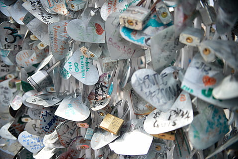 notes, love, lockets, romance, messages, paper, heart, shape, letter, sign, valentine, large group of objects, abundance, no people, full frame, text, multi colored, lock, security, safety, hanging, backgrounds, protection, padlock, choice, day, communication, variation, close-up, outdoors, love lock, 5K, CC0, public domain, royalty free