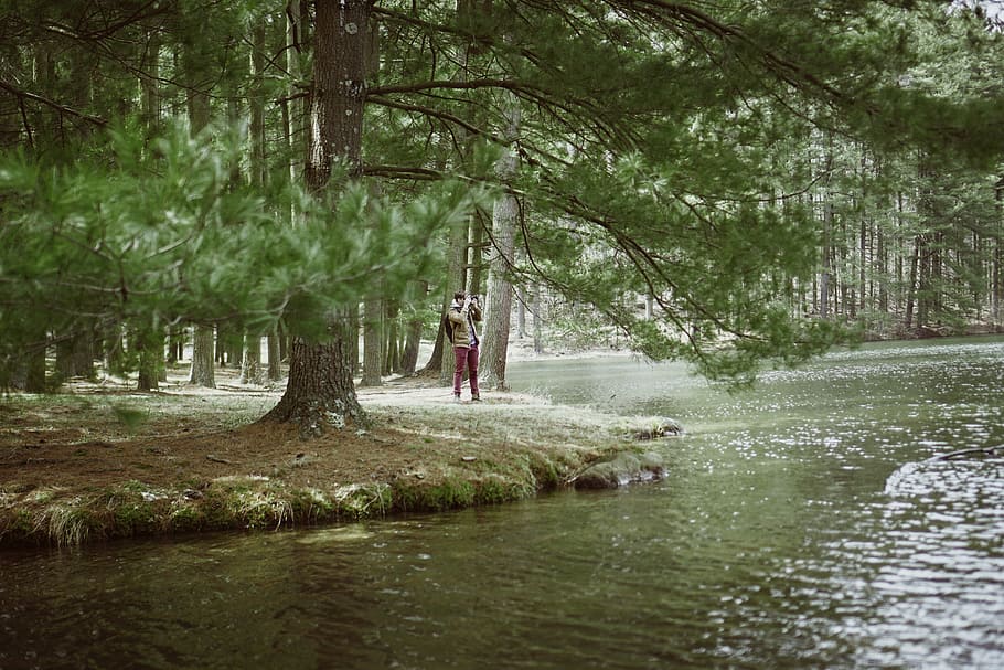 Mann, Stehen, neben, Karosserie, Wasser, Grün, Bäume, tagsüber, Wald, Baum, Kiefer, Person, Stand, See, Sonnenlicht, Schatten, amerikanischer Adler, Camp Vibe, Freude, erkunden, Abenteuer, Camping, Lager, Liebe, Fotograf, Fotografie, Leben, Pflanze, Natur, Land, Freizeitbeschäftigung, echte Menschen, Schönheit in der Natur, Tag, zwei Menschen, Erwachsene, Lebensstile, Frau, Menschen, Wachstum, Männer, in voller Länge, draußen, 5K