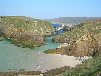 beaches, nature, coves, cliffs, water, scenics - nature, beauty in nature, river, no people, land, mountain, environment, tranquil scene, day, non-urban scene, sky, tranquility, rock, landscape, high angle view, tree, rock - object, outdoors, 1080P, CC0, public domain, royalty free