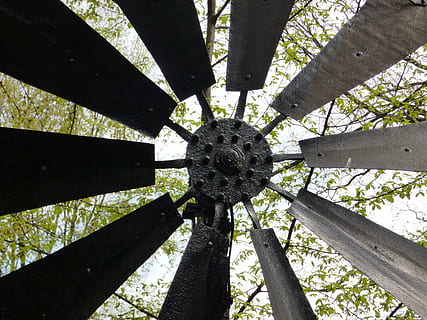 windmill, wing, machine, poland, village, open air museum, the museum, old, plant, tree, day, no people, nature, outdoors, shape, geometric shape, pattern, close-up, growth, circle, sunlight, full frame, low angle view, wood - material, backgrounds, built structure, tree trunk, land, wheel, directly below, 4K, CC0, public domain, royalty free