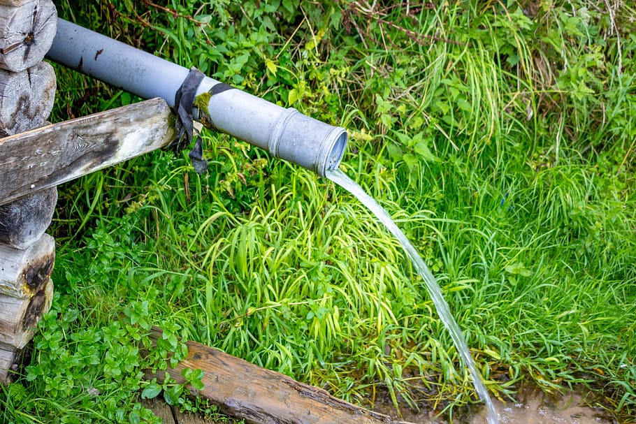 Frühling, Quelle, Wasser, Innings, Trompete, Getränk, Jet, Pflanze, Gras, Wachstum, grüne Farbe, Natur, Tag, High Angle View, Feld, Land, keine Leute, draußen, Gartengeräte, Ausrüstung, Metall, Rohr - Rohr, Schlauch, Gartenschlauch, Holz - Material, Gartenarbeit, 5K