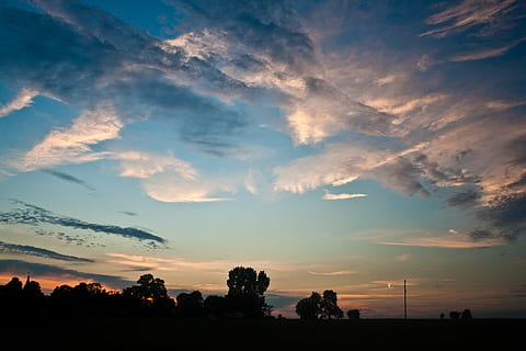 summer, sunset, trees, evening, clouds, pink, sky, blue, cloud - sky, beauty in nature, tree, silhouette, tranquility, plant, tranquil scene, scenics - nature, nature, landscape, environment, no people, idyllic, non-urban scene, dusk, dramatic sky, orange color, outdoors, 2K, CC0, public domain, royalty free