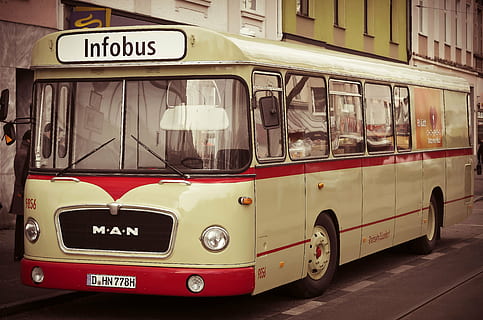 white, red, bus, old, oldtimer, auto, vehicle, historically, retro, restored, classic, nostalgia, vintage, one, automotive, old car, nostalgic, transportation, conveyances, land Vehicle, street, mode of Transport, city, urban Scene, travel, europe, outdoors, mode of transportation, text, public transportation, communication, day, western script, no people, architecture, sign, glass - material, car, road, 4K, CC0, public domain, royalty free