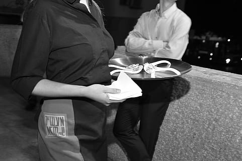 woman, holding, serving, tray, waiter, virtual reality, work, midsection, real people, one person, lifestyles, focus on foreground, casual clothing, food and drink, standing, adult, indoors, business, day, front view, men, women, burning, occupation, city, 2K, CC0, public domain, royalty free