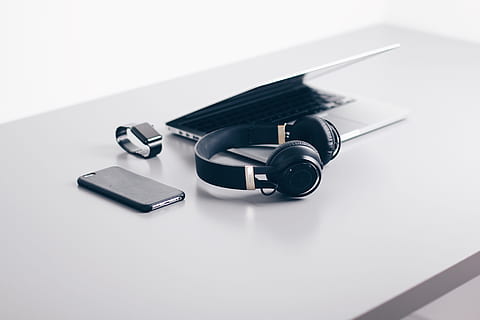 black, cordless, headphones, beside, closed, laptop computer, smartphone, black cordless headphones, tech, setup, desk, iphone, minimal, stethoscope, healthcare And Medicine, equipment, no People, white background, studio shot, close-up, technology, indoors, connection, wireless technology, still life, communication, office, table, computer equipment, computer, office supply, internet, business, black color, smart phone, copy space, 5K, CC0, public domain, royalty free