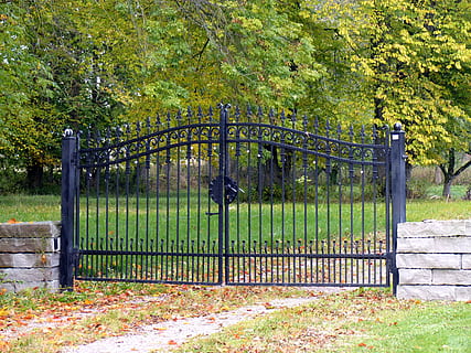 grind, wrought, wall, tree, countryside, autumn, plant, gate, safety, security, boundary, barrier, protection, entrance, fence, closed, nature, green color, metal, no people, wrought iron, architecture, grass, day, growth, outdoors, iron - metal, 4K, CC0, public domain, royalty free