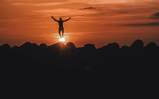 silhouette photo, person, jumping, rocks, golden, hour, mountain, cloud, sky, landscape, nature, valley, silhouette, people, man, jump, adventure, sunset, sunlight, outdoors, back Lit, mountain Peak, mammal, one animal, animal wildlife, cloud - sky, deer, scenics - nature, beauty in nature, standing, animals in the wild, antler, 5K, CC0, public domain, royalty free