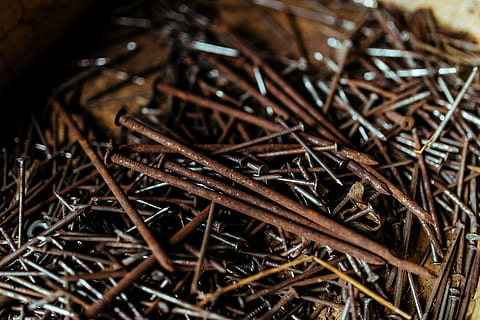 nails, bolts, workshop, Tools, wooden, metal, nuts, diy, garage, shed, repair, spanner, wood - Material, close-up, backgrounds, steel, no People, brown, nature, day, outdoors, plant, selective focus, dry, twig, high angle view, large group of objects, abundance, land, focus on foreground, field, still life, stick - plant part, heap, nail, dried, 5K