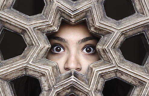 person sneak peeking, decoration, design, expression, eyebrows, eyes, face, girl, nose, woman, portrait, looking at camera, one person, body part, human body part, close-up, headshot, front view, adult, architecture, shape, indoors, human face, eye, young adult, women, history, day, digital composite, 5K, CC0, public domain, royalty free