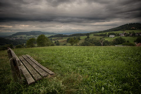 banc, naturalesa, cel, núvols, camp, medi ambient, bosc, trist, herba, plantes, arbres, boscos, núvol - cel, planta, bellesa a la natura, tranquil·litat, color verd, escena tranquil·la, escenics - natura, paisatge, terra, creixement, arbre, cap gent, muntanya, idíl·lic, dia, a l'aire lliure, 5K, CC0, domini públic, lliure de regalies