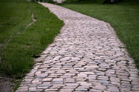 bricks pathway, green, grass, gray, concrete, brick, pathway, cobblestone, path, footpath, day, outdoors, the way forward, nature, green color, agriculture, no people, landscape, direction, plant, stone, street, in a row, paving stone, diminishing perspective, road, stone material, pattern, transportation, garden path, surface level, alley, long, 1080P, CC0, public domain, royalty free