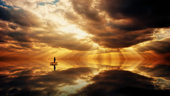 home, art de núvols, oceà, Fischer, núvols, reflexió, duplicació, dramàtica, posta de sol, alba, vespre, cel, sol, abendstimmung, cel de la nit, mar, paisatge, arrencada, peix, aigua, núvol - cel, bellesa a la natura, naturalesa, cloudscape, religió, escenics - natura, llum solar, espiritualitat, raig de sol, tranquil·litat, escena tranquil·la, silueta, cel dramàtic, color taronja, cap gent, a l'aire lliure, 5K, CC0, domini públic, lliure de regalies