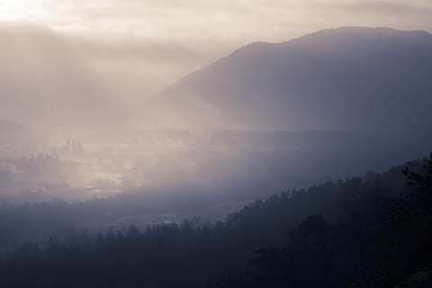 mountain silhouette, mountain peak, daytime, layers, landscape, mountain, forest, outdoors, beauty in nature, scenics - nature, fog, tranquil scene, tranquility, sky, tree, no people, nature, environment, cloud - sky, plant, non-urban scene, idyllic, mountain range, high angle view, hazy, 4K, CC0, public domain, royalty free