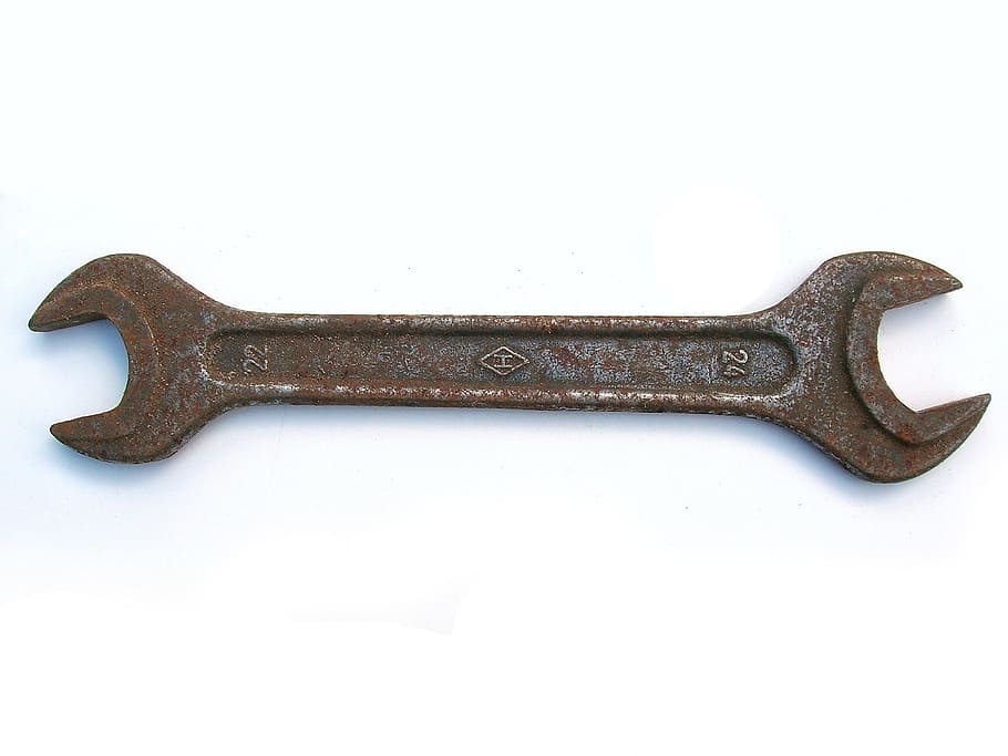 Brun, åben, skruenøgle, nøgle, værktøj, gammel, garage, rust, metal, konstruktion, metal værktøj, arbejdsværktøj, udstyr, stål, industri, reparation, isolerede, rusten, tæt på, ingen mennesker, byggebranchen, mekaniker, enkelt objekt, skåret ud, hvid baggrund, studio skud, Håndværktøj, stilleben, indendørs, antik, kopiere plads, Kunst og håndværk, tømrerarbejde, 1080P