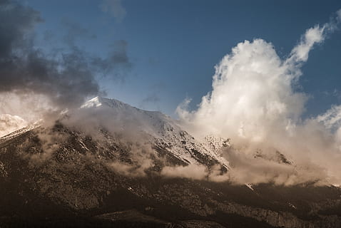 mountain, cover, clouds, white, grey, snow, blue, sky, daytime, under the blue sky, nature, mountain Peak, scenics, cloud - Sky, landscape, mountain Range, outdoors, cloudscape, winter, beauty In Nature, no people, scenics - nature, environment, tranquility, tranquil scene, non-urban scene, land, travel destinations, day, sunlight, snowcapped mountain, 4K, CC0, public domain, royalty free