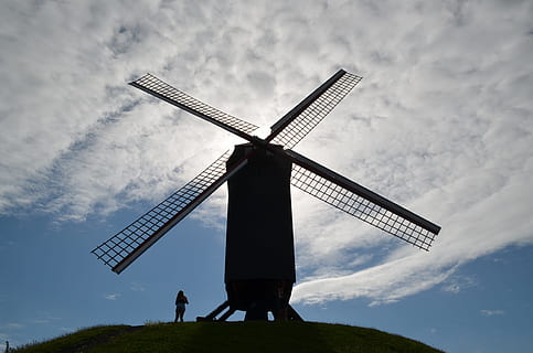 windmill, sky, mill, clouds, landscape, wing, wind, nature, turn, flour mill, blue, don quixote, summer, mood, renewable energy, alternative energy, environmental conservation, wind power, wind turbine, turbine, fuel and power generation, environment, cloud - sky, traditional windmill, field, rural scene, land, low angle view, day, outdoors, technology, 4K, CC0, public domain, royalty free