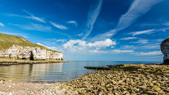 sea, nature, sky, water, clouds, grass, idyllic, limestone, ocean, pebbles, rocks, scenic, seascape, seashore, scenics - nature, beauty in nature, land, blue, tranquility, cloud - sky, beach, rock, tranquil scene, solid, no people, day, rock - object, horizon over water, outdoors, 4K, CC0, public domain, royalty free